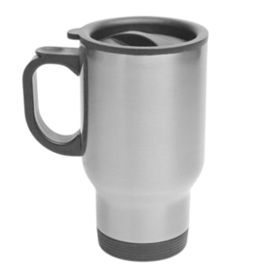 Stainless steel travel mug with a metal finish.